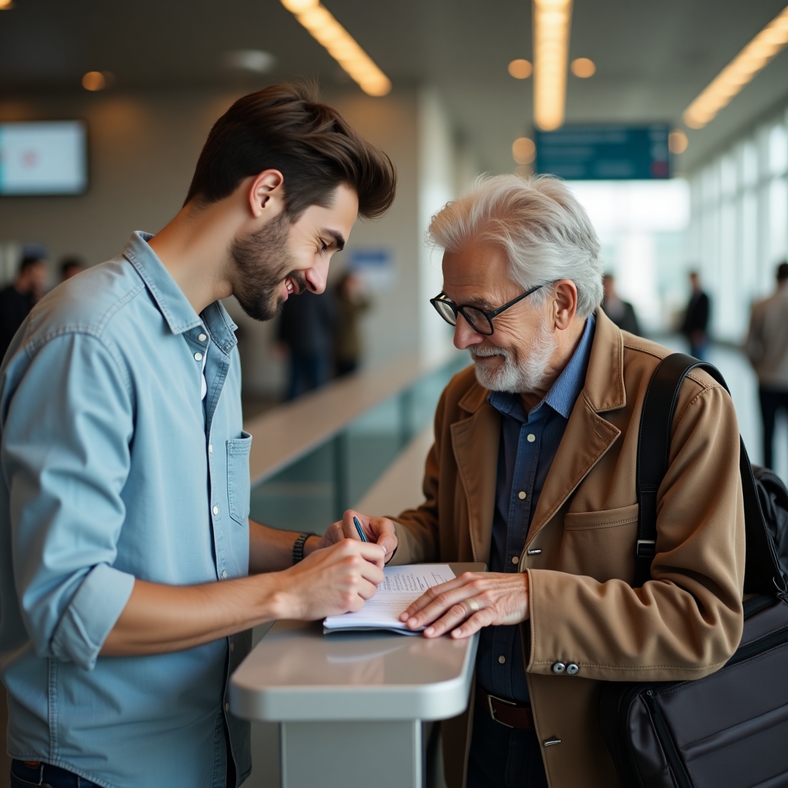 Helper assisting elderly passenger